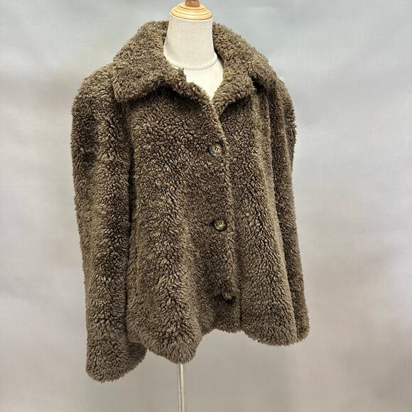 Caché Brown Teddy Sherpa Coat Jacket Size Medium Plush Faux Shearling Button - Picture 2 of 16